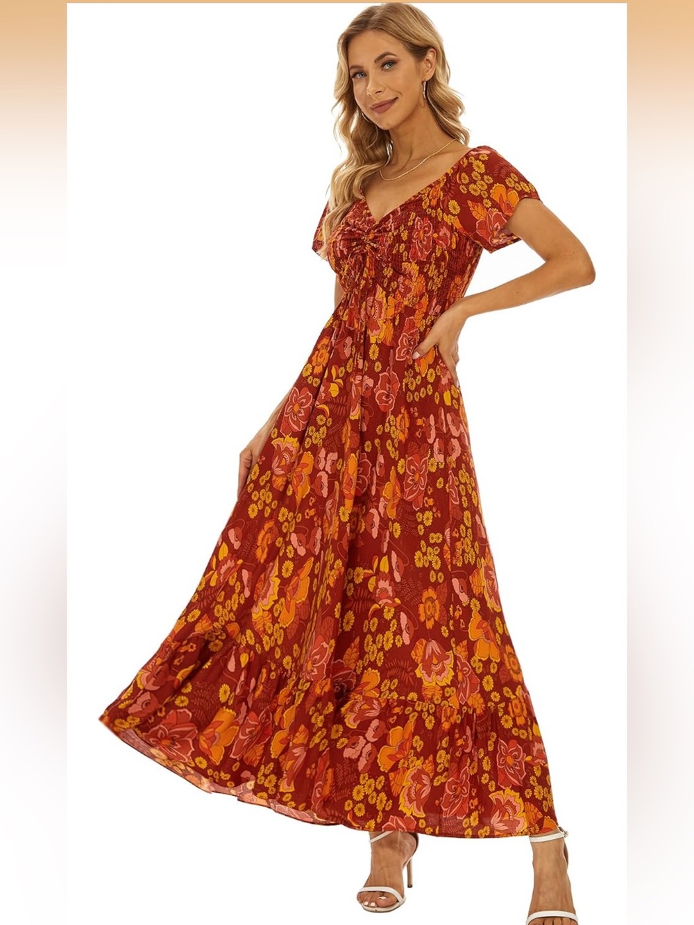 Amazon Rust Red Floral Maxi Dress with Orange & Pink Accents